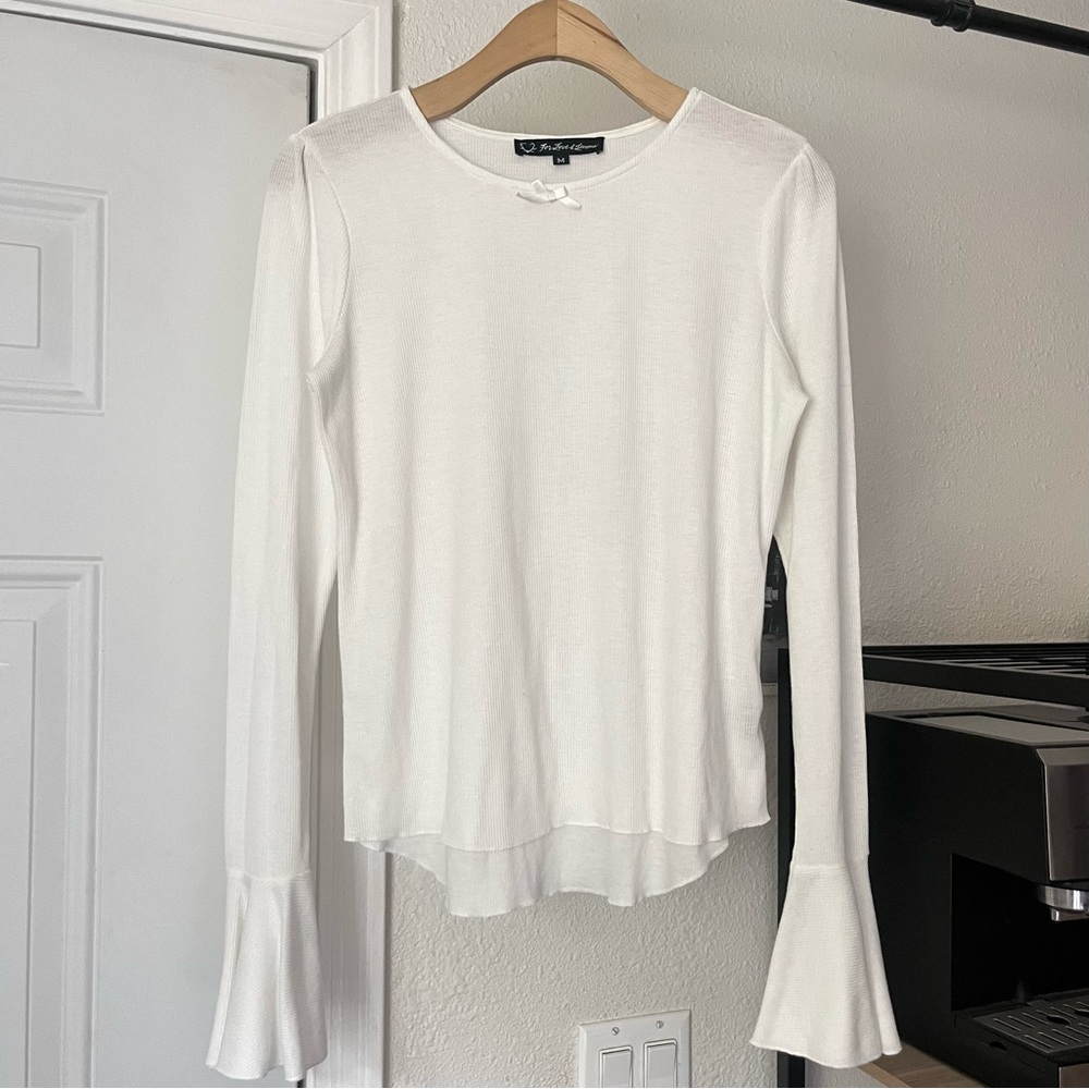 FOR LOVE AND LEMONS‎ white rib knit soft bow long bell sleeve tshirt